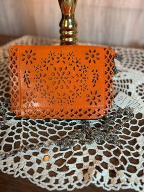 Victoria Leland Design Orange Laser-Cut Leather Crossbody Bag with Chain Strap